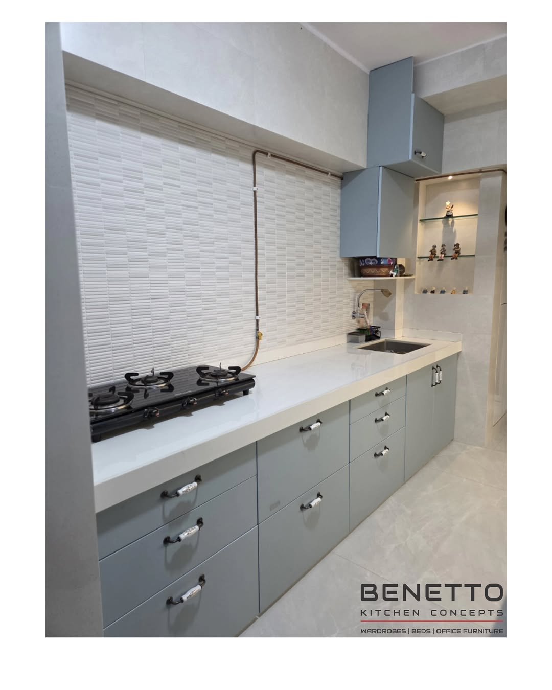 Benetto modular kitchen project with grey cabinets and white counter