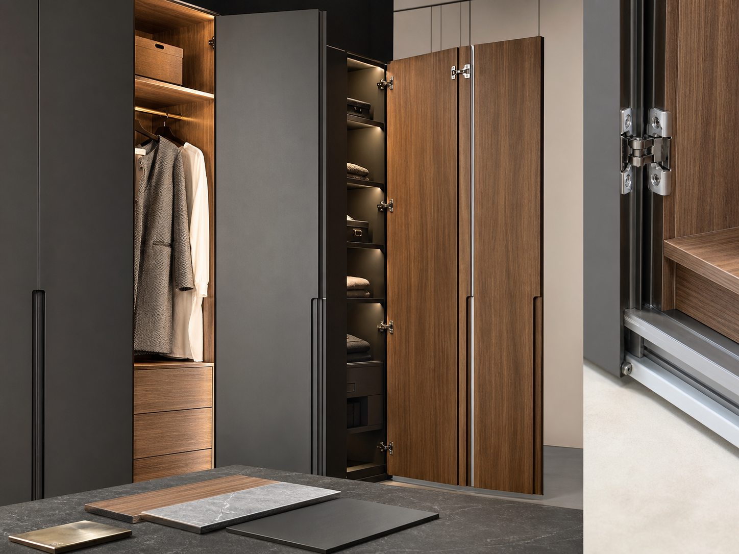 Premium wardrobe shutters, hinges, and storage hardware
